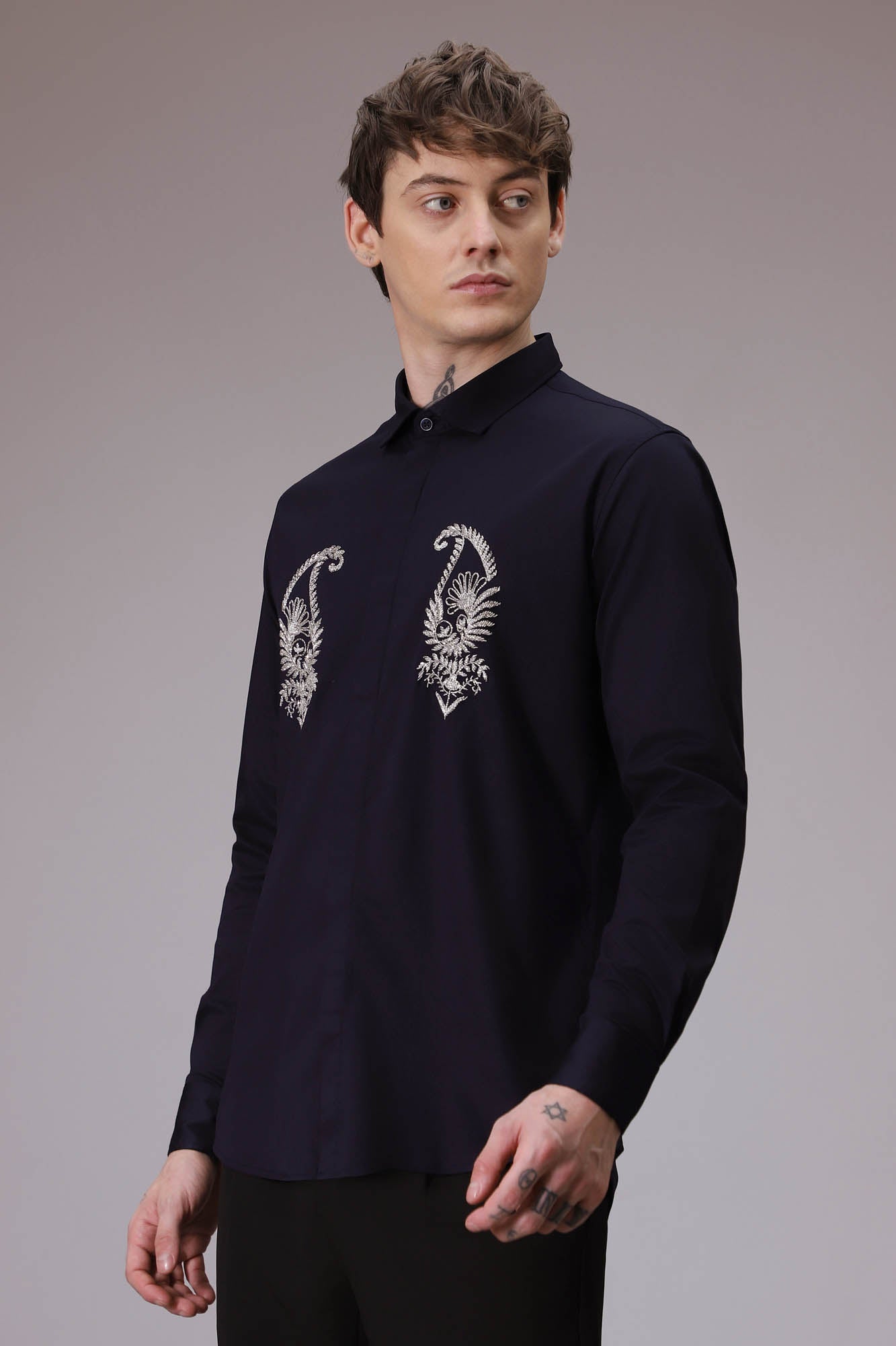 Paisley hand embroidered designer shirt  Navy