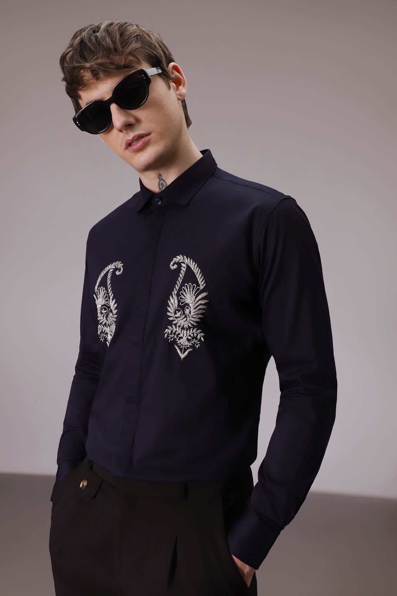 Paisley hand embroidered designer shirt  Navy