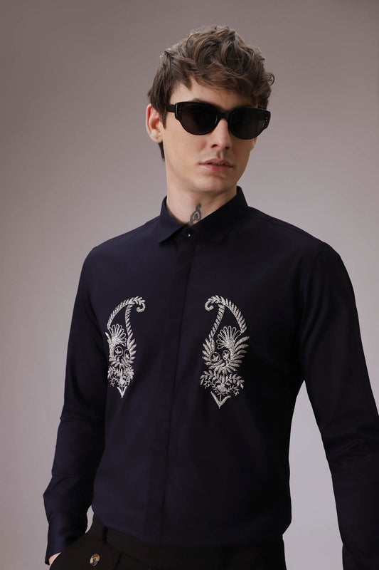 Paisley hand embroidered designer shirt  Navy