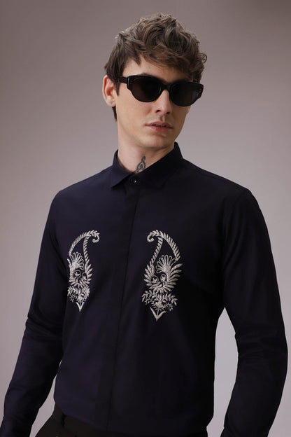 Paisley hand embroidered designer shirt  Navy