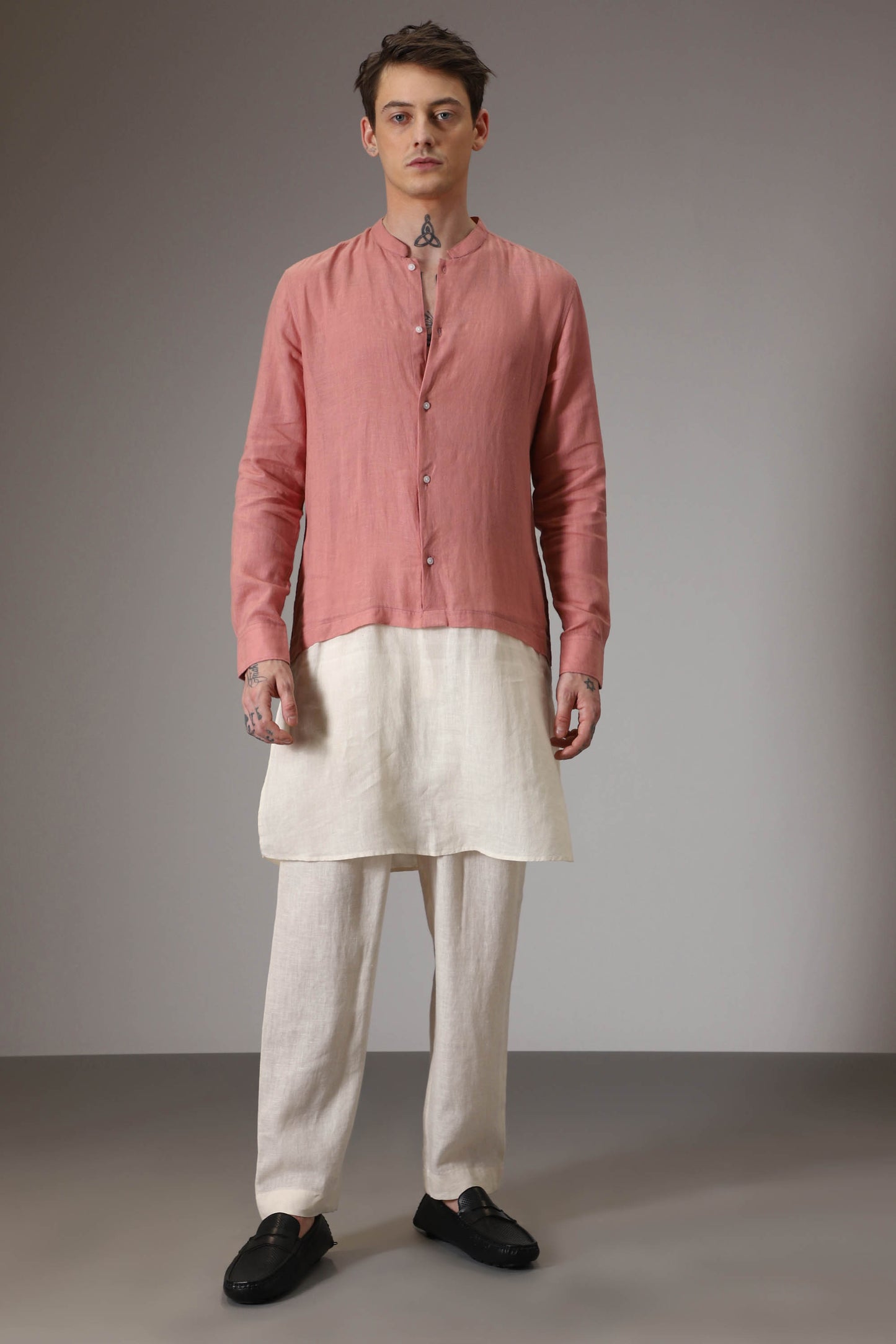 Salmon pink and ivory designer linen kurta set