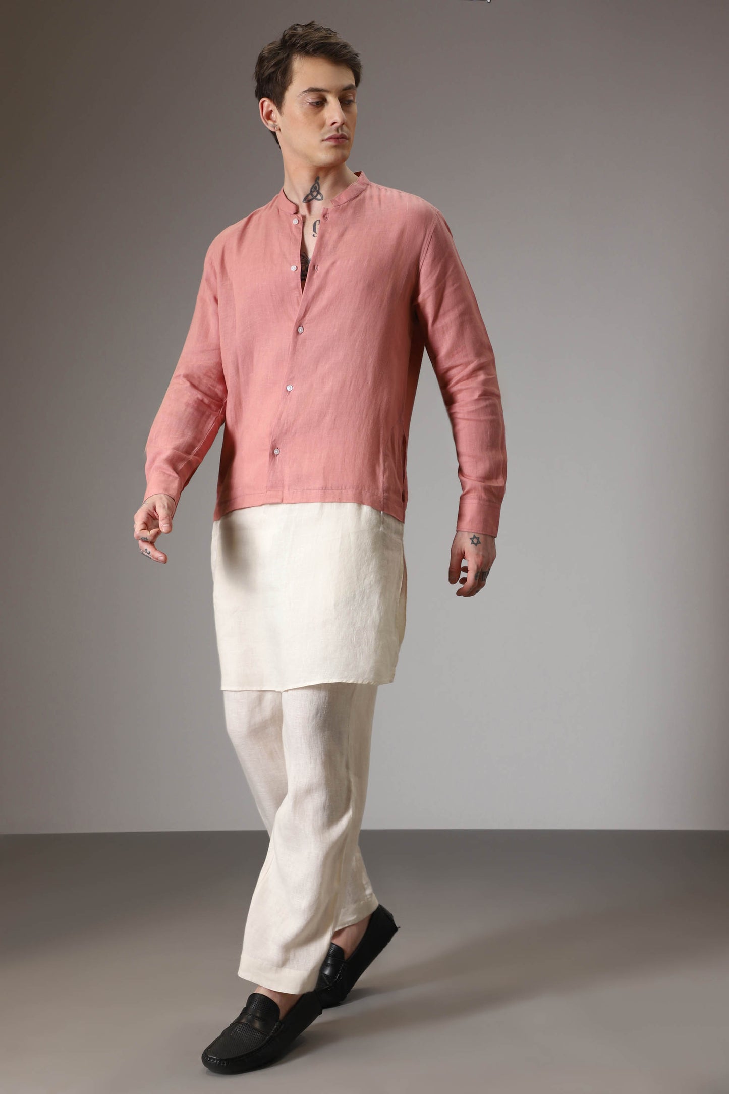 Salmon pink and ivory designer linen kurta set