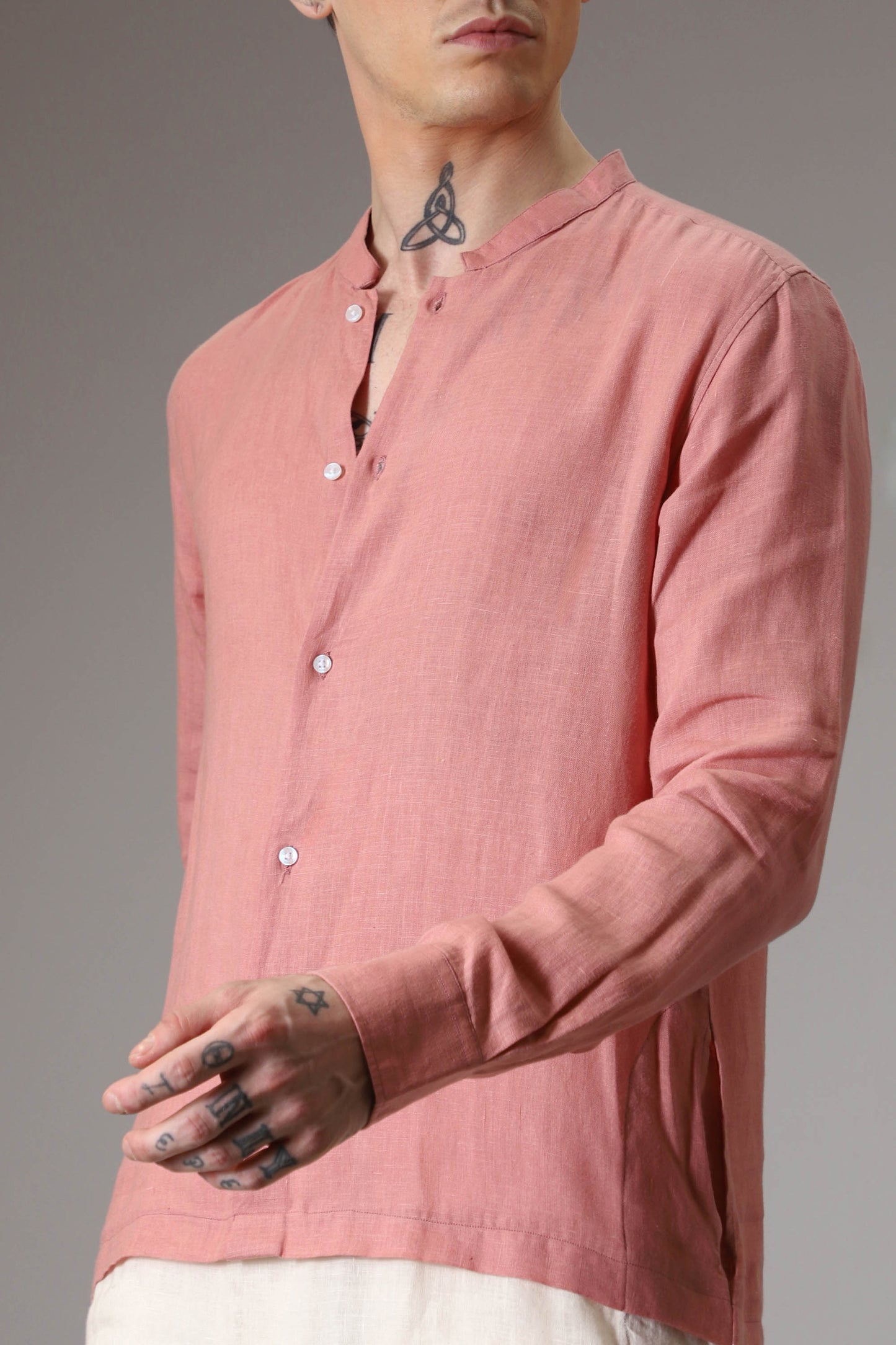 Salmon pink and ivory designer linen kurta set