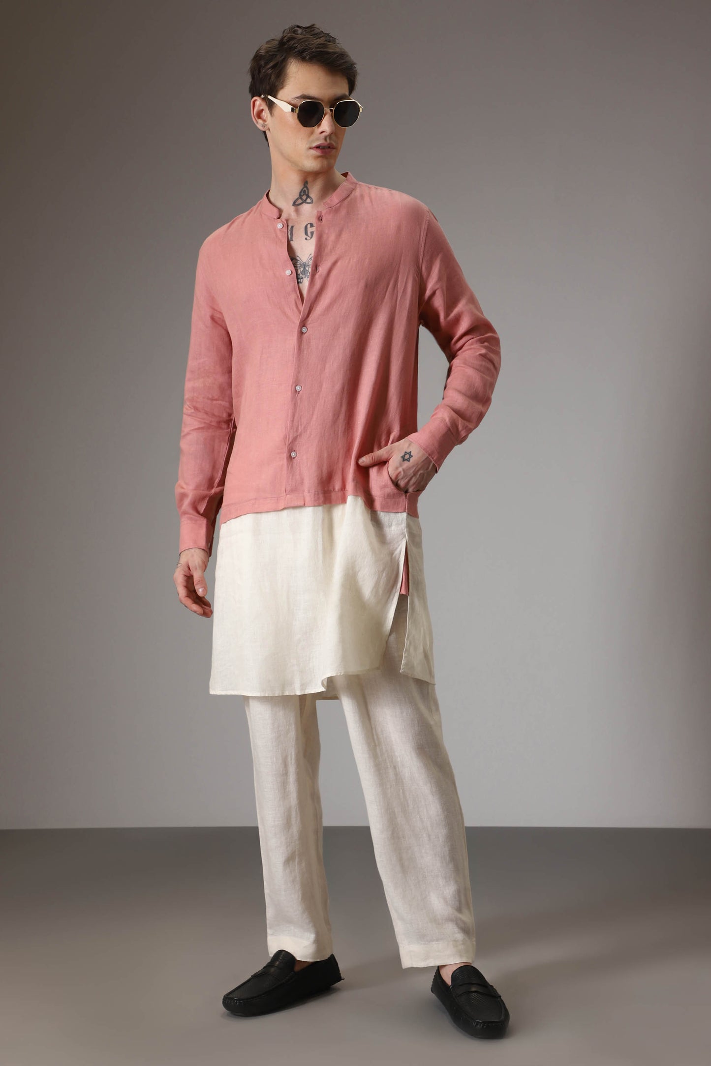 Salmon pink and ivory designer linen kurta set