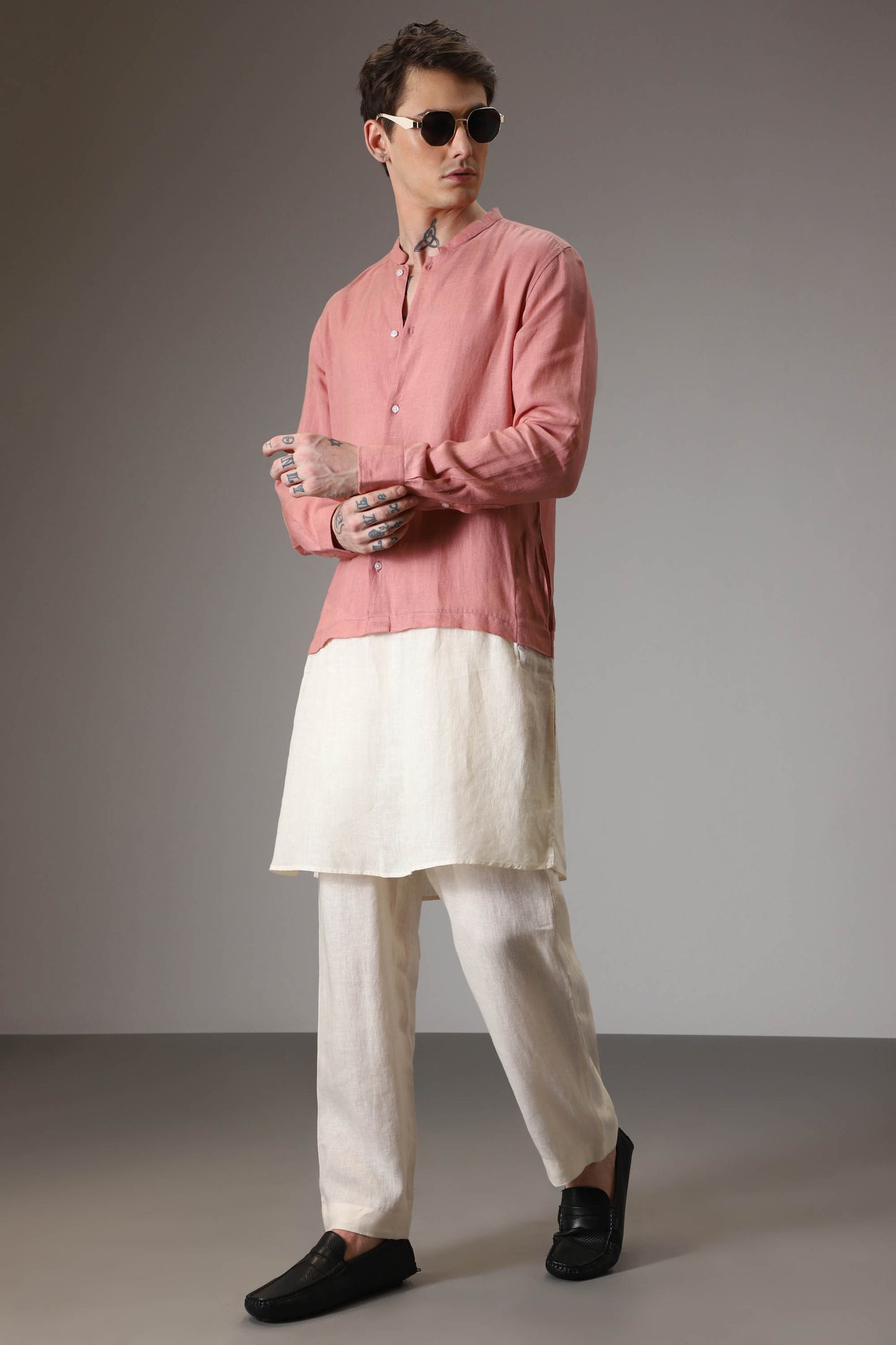 Salmon pink and ivory designer linen kurta set