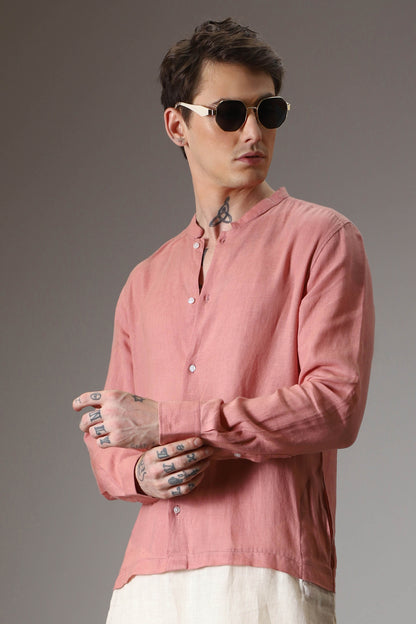 Salmon pink and ivory designer linen kurta set