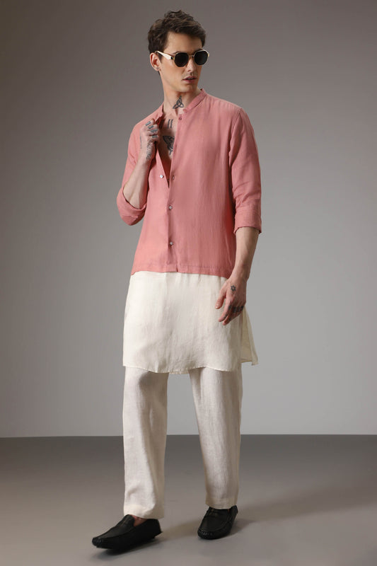 Salmon pink and ivory designer linen kurta set