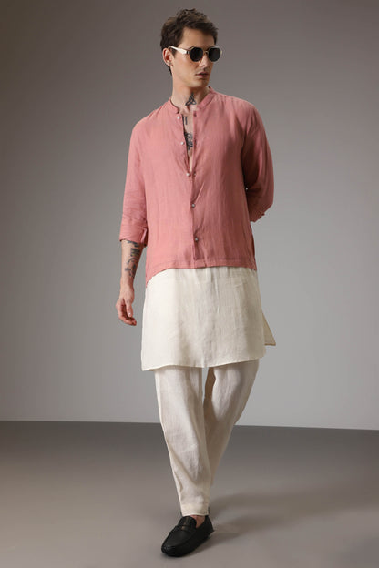 Salmon pink and ivory designer linen kurta set