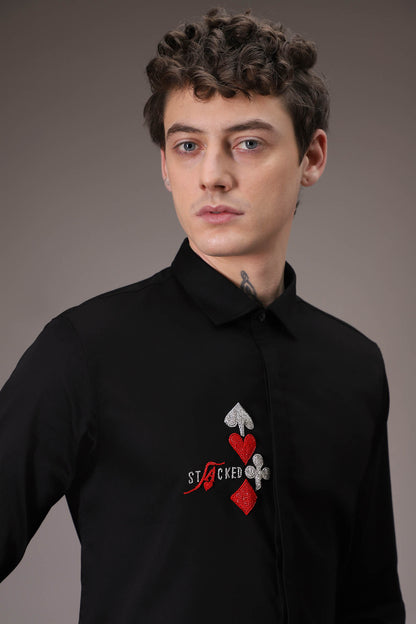 Stacked Deck hand embroidered designer shirt  Black