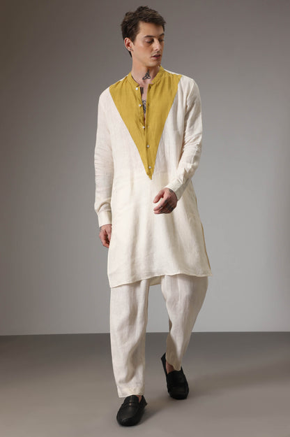 Mustard and ivory linen designer kurta set