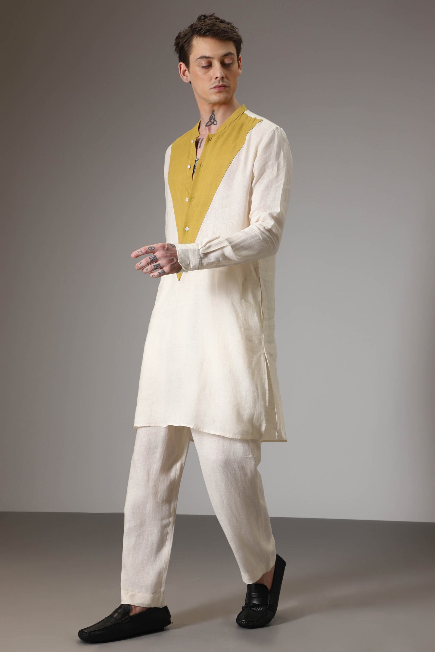 Mustard and ivory linen designer kurta set