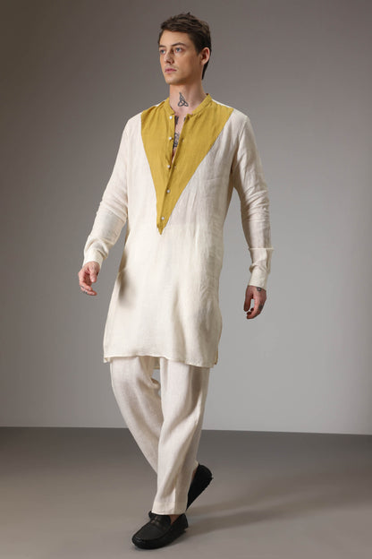 Mustard and ivory linen designer kurta set