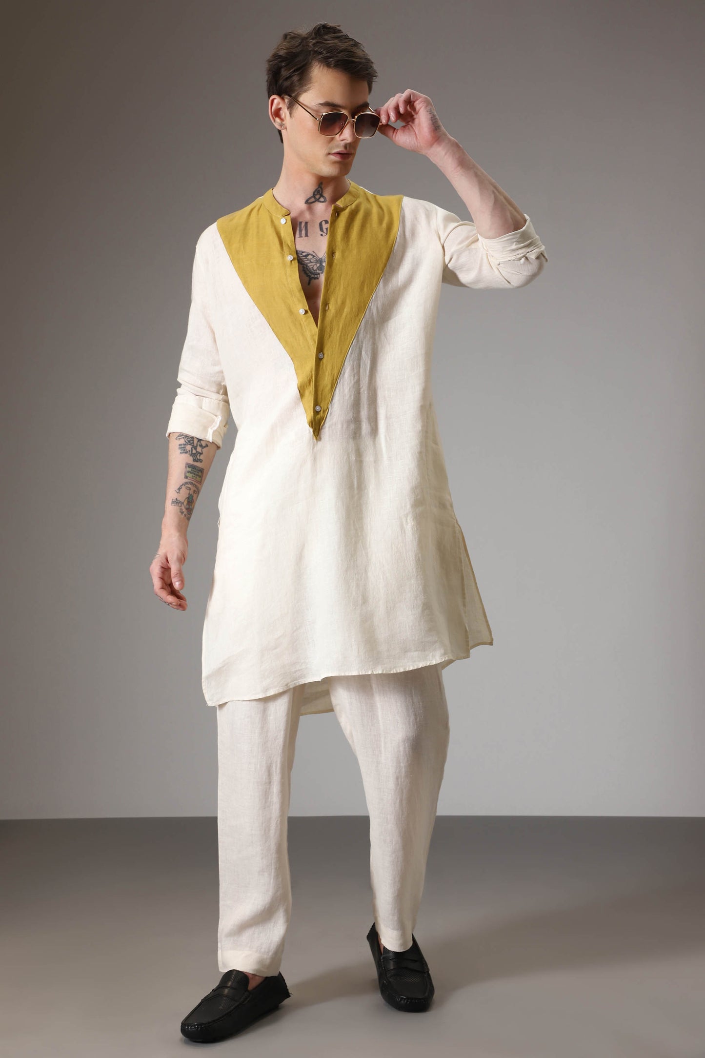 Mustard and ivory linen designer kurta set