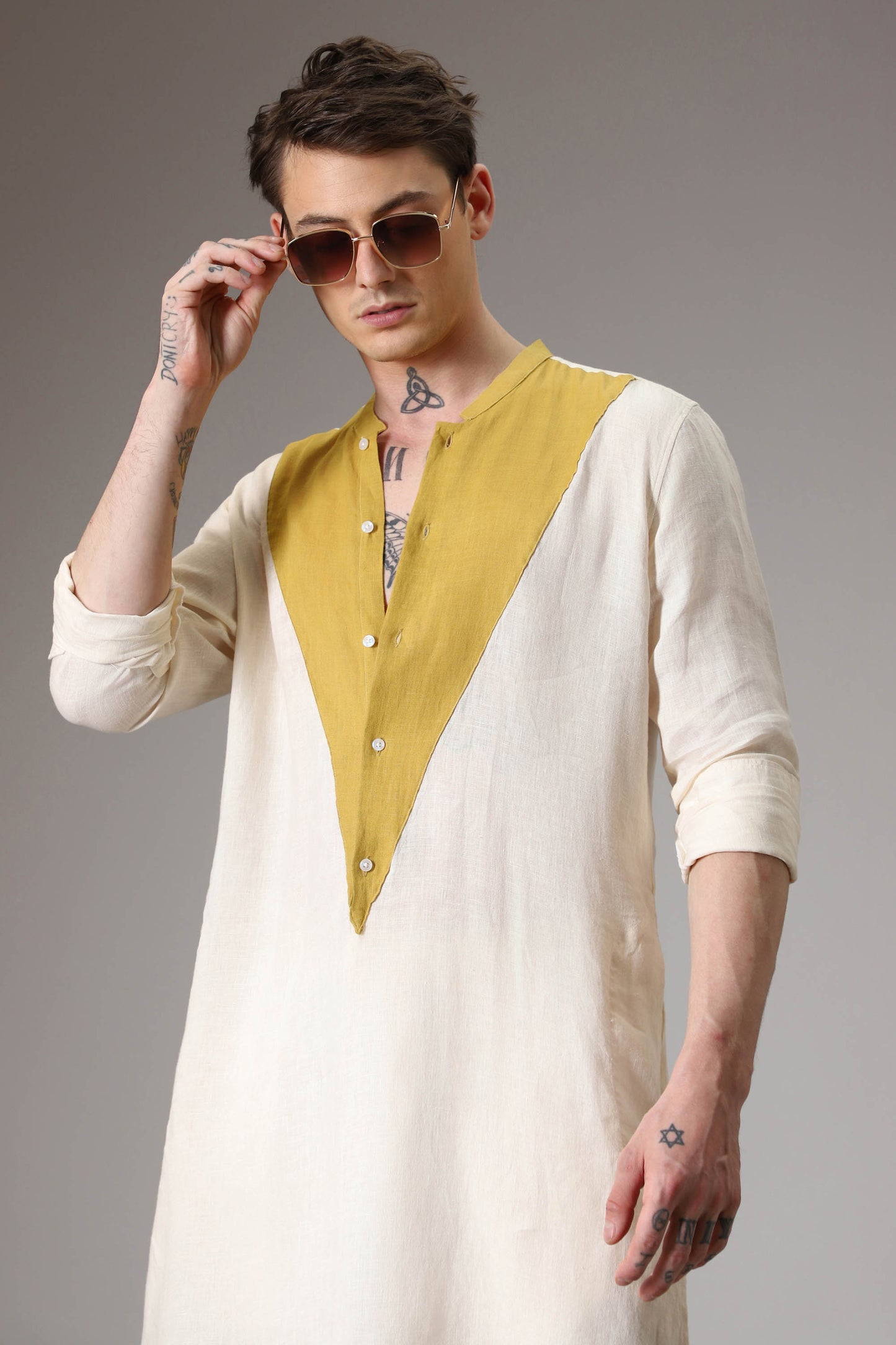 Mustard and ivory linen designer kurta set