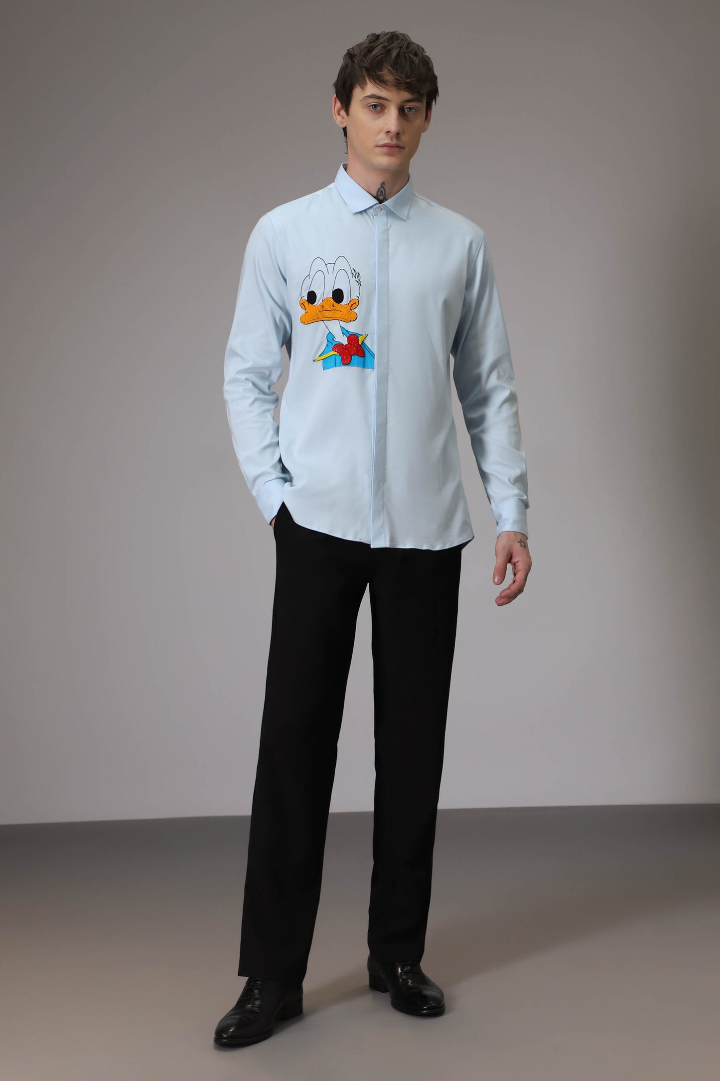 Donald Duck hand embroidered designer shirt - Powder Blue