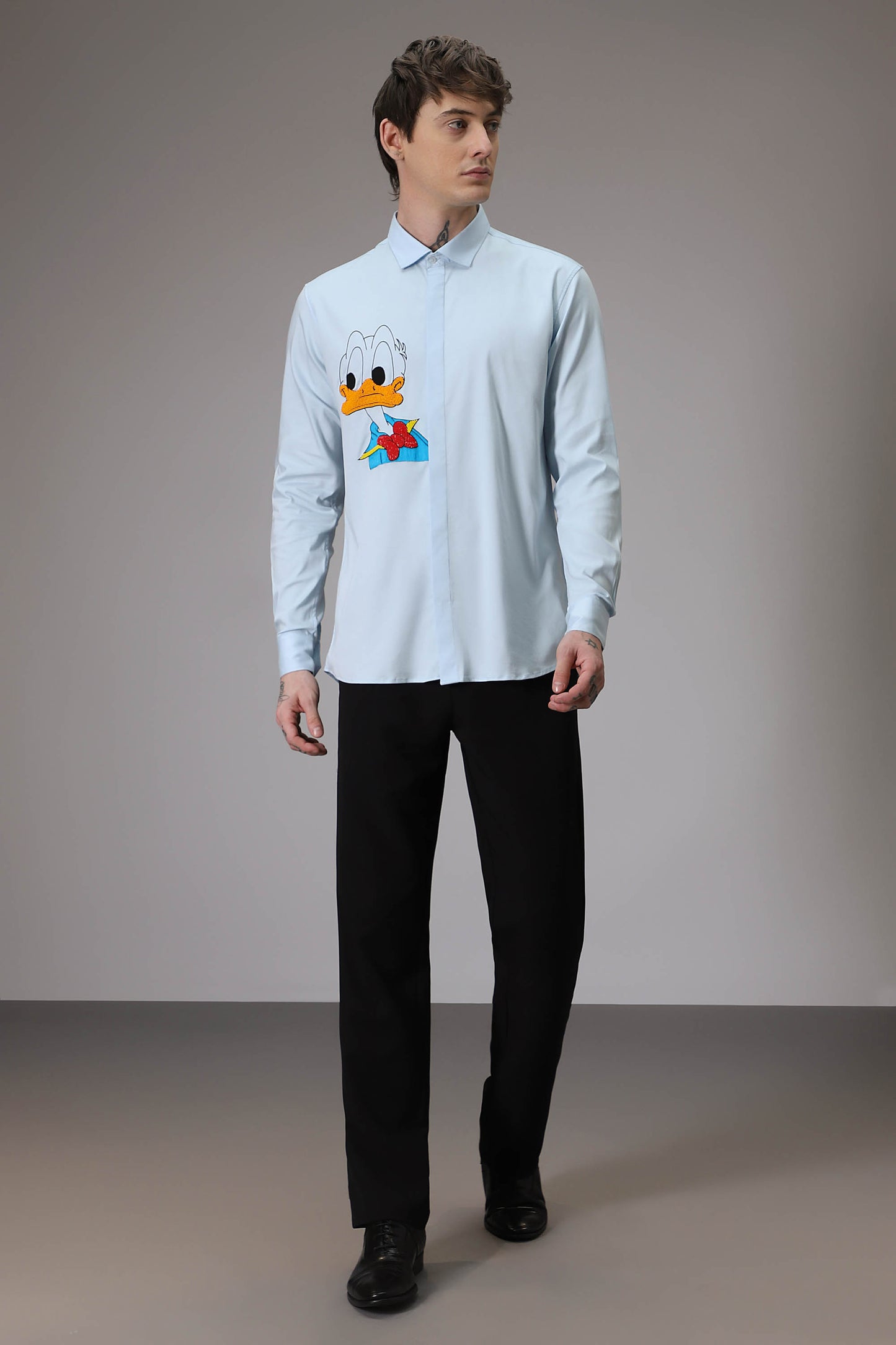 Donald Duck hand embroidered designer shirt - Powder Blue