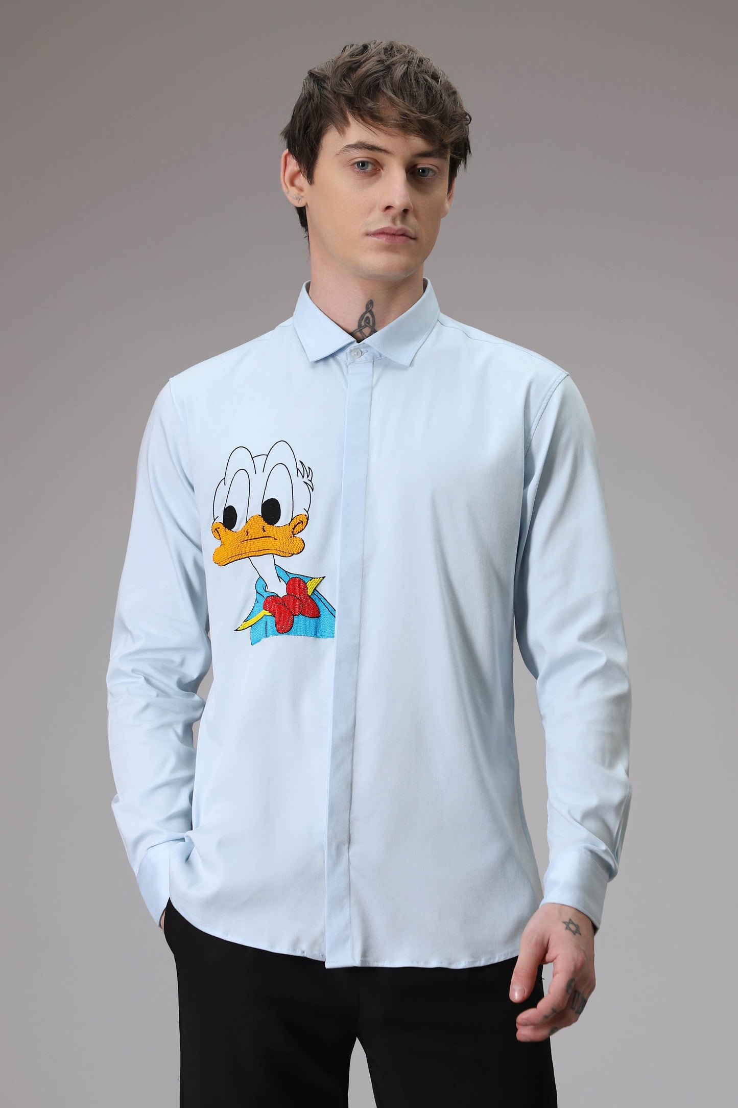 Donald Duck hand embroidered designer shirt - Powder Blue