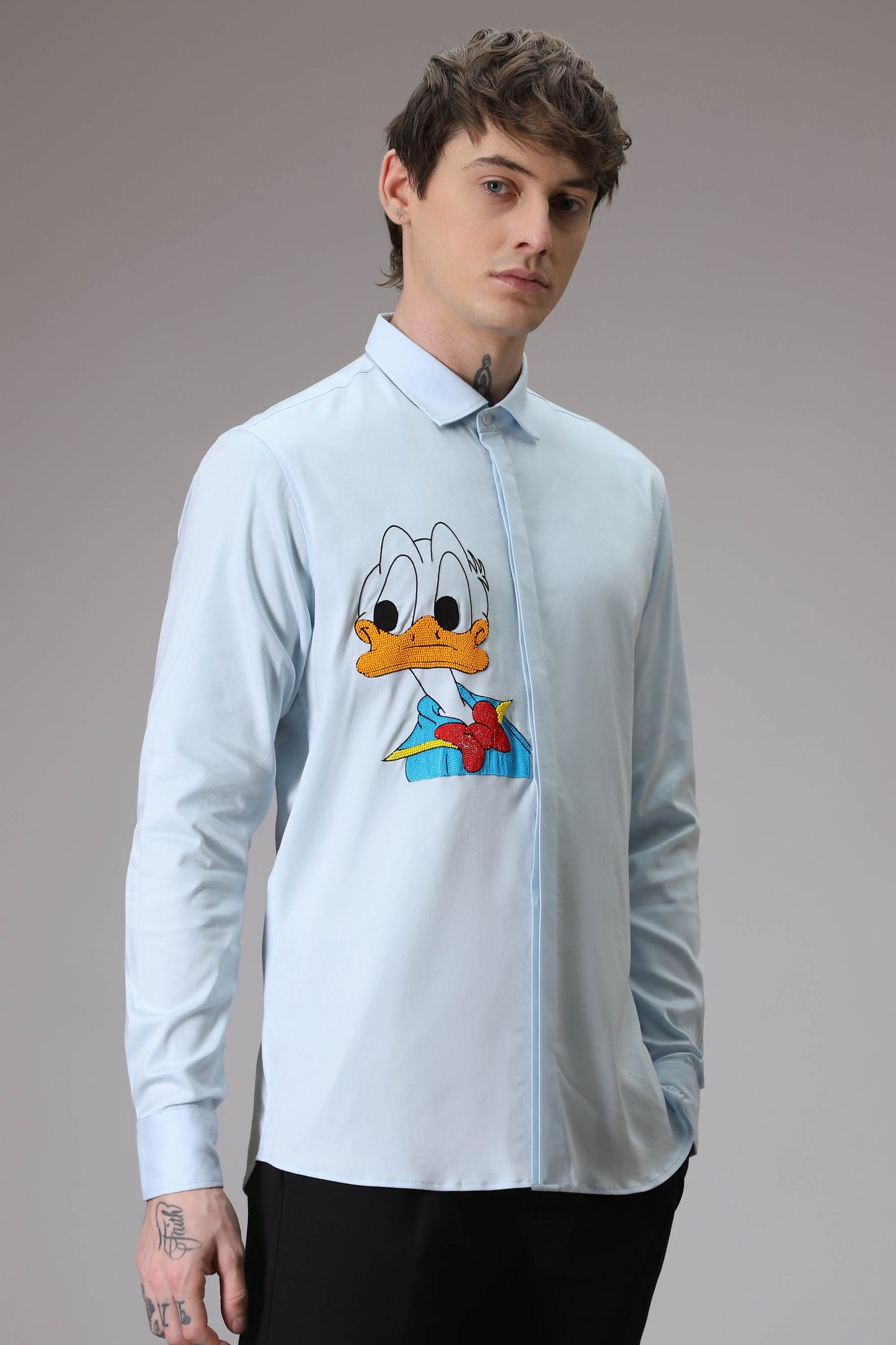 Donald Duck hand embroidered designer shirt - Powder Blue