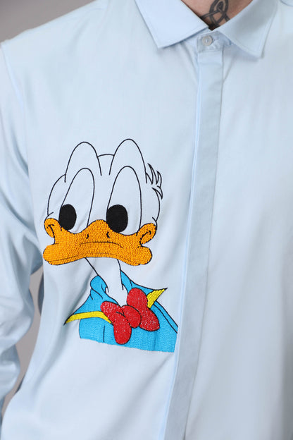 Donald Duck hand embroidered designer shirt - Powder Blue