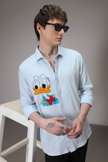 Donald Duck hand embroidered designer shirt - Powder Blue