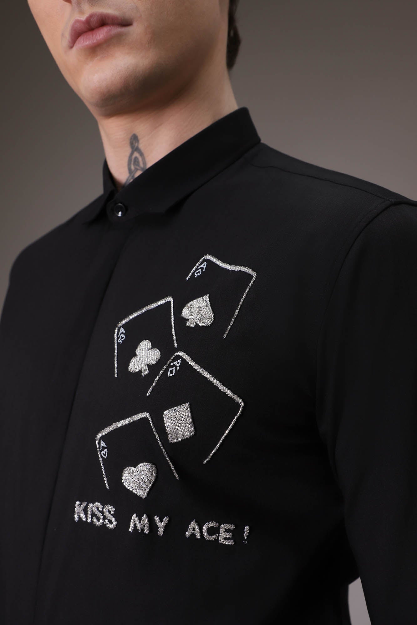 Kiss My Ace hand embroidered designer shirt  - Black