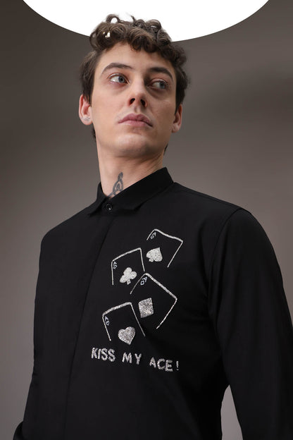 Kiss My Ace hand embroidered designer shirt  - Black