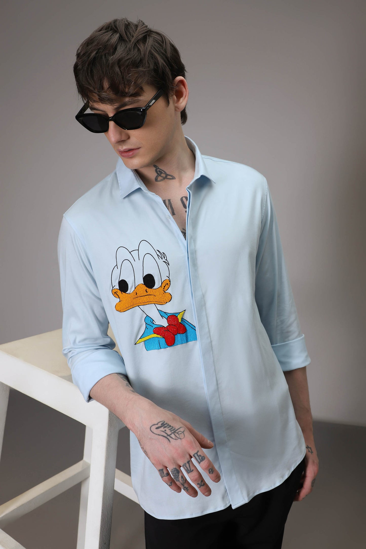 Donald Duck hand embroidered designer shirt - Powder Blue