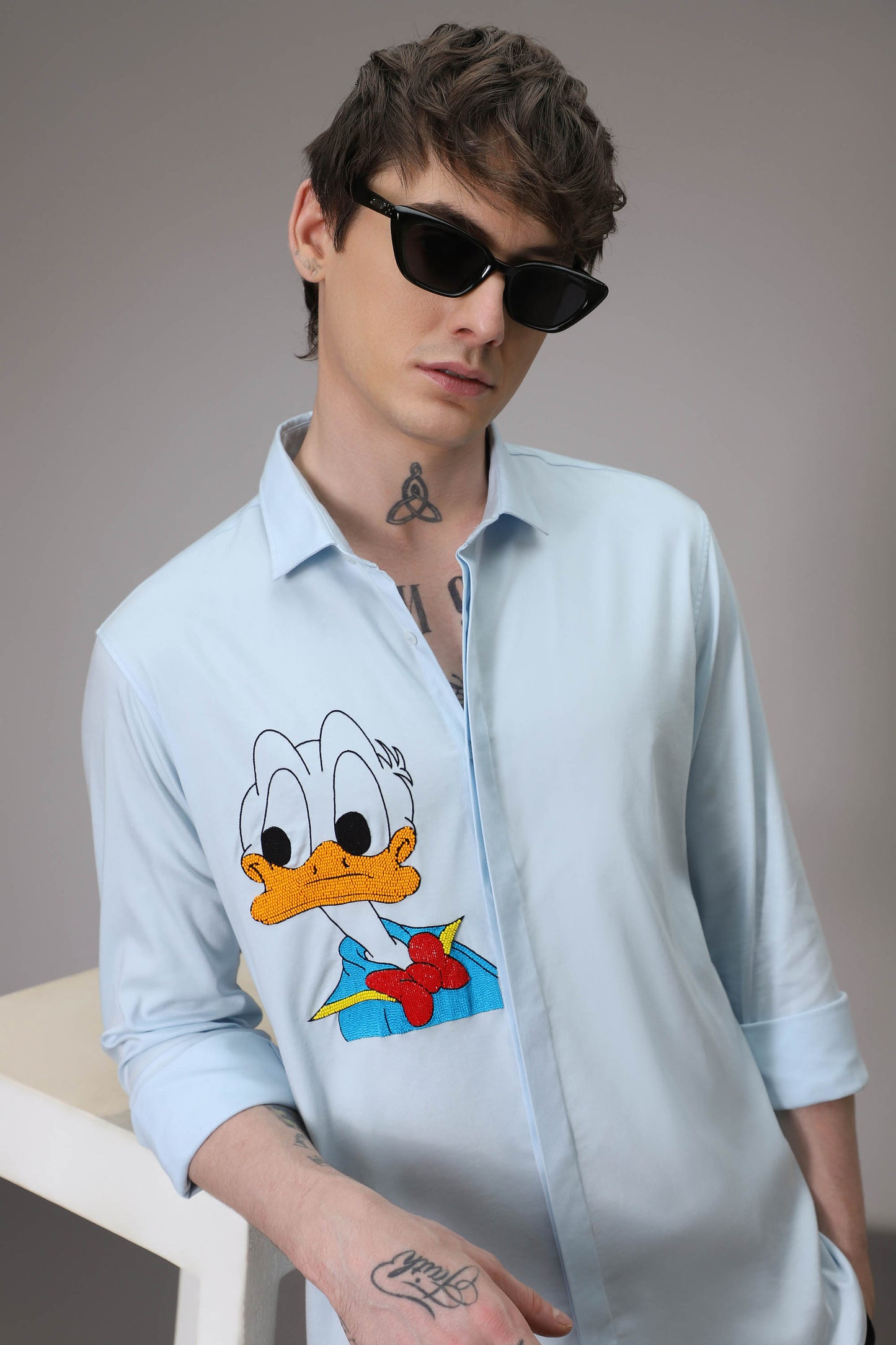 Donald Duck hand embroidered designer shirt - Powder Blue