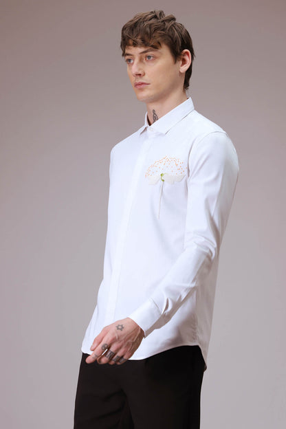 Dandelion Flower  hand embroidered designer shirt  -White