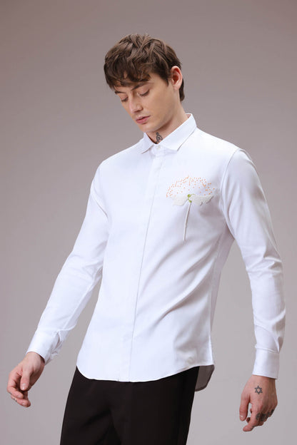 Dandelion Flower  hand embroidered designer shirt  -White