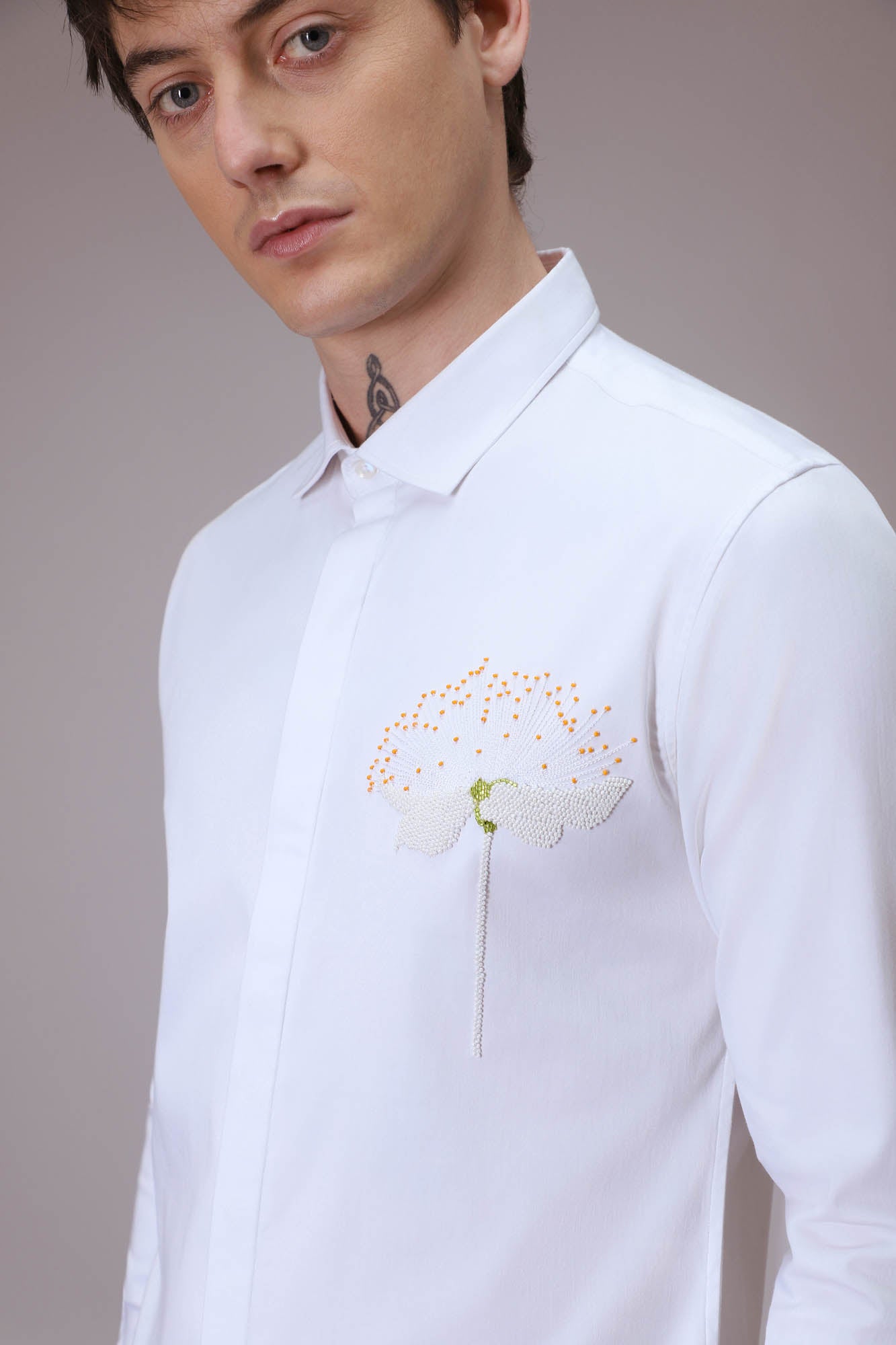 Dandelion Flower  hand embroidered designer shirt  -White