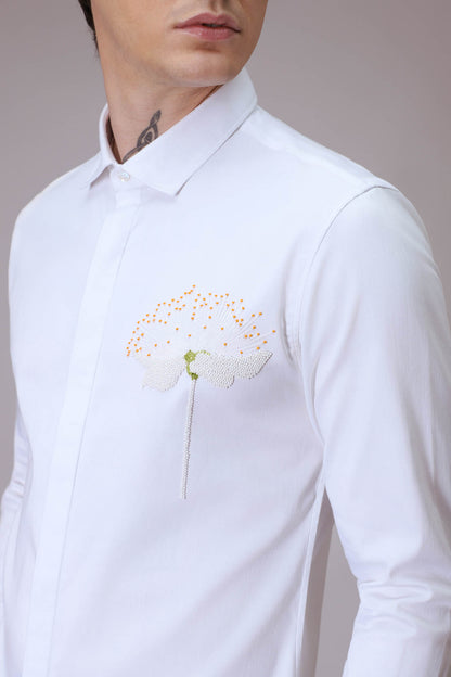 Dandelion Flower  hand embroidered designer shirt  -White