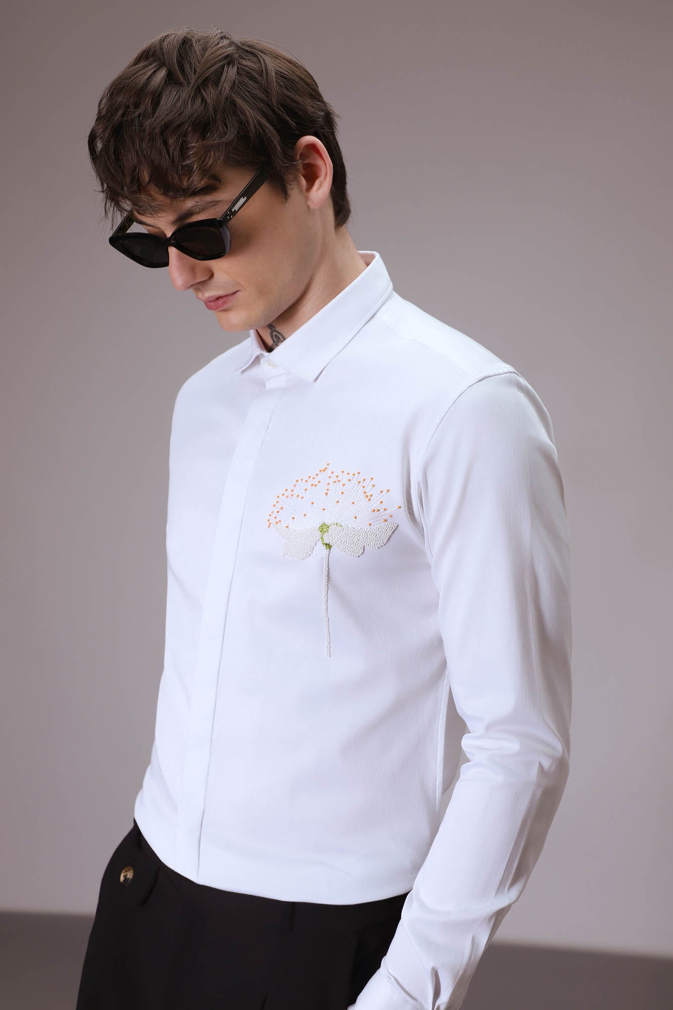 Dandelion Flower  hand embroidered designer shirt  -White