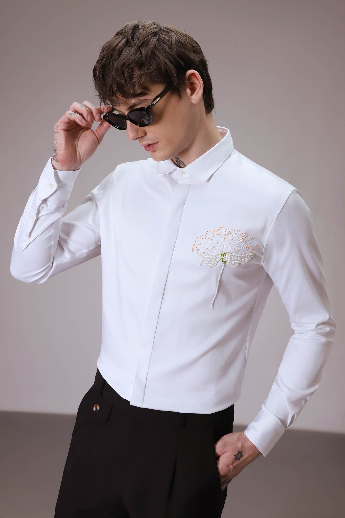 Dandelion Flower  hand embroidered designer shirt  -White