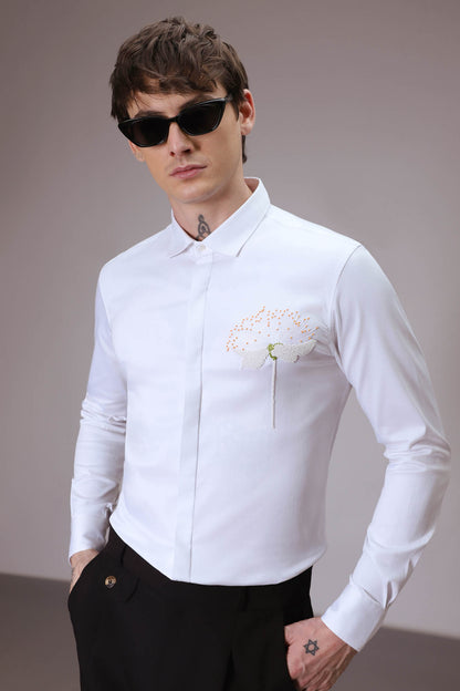 Dandelion Flower  hand embroidered designer shirt  -White