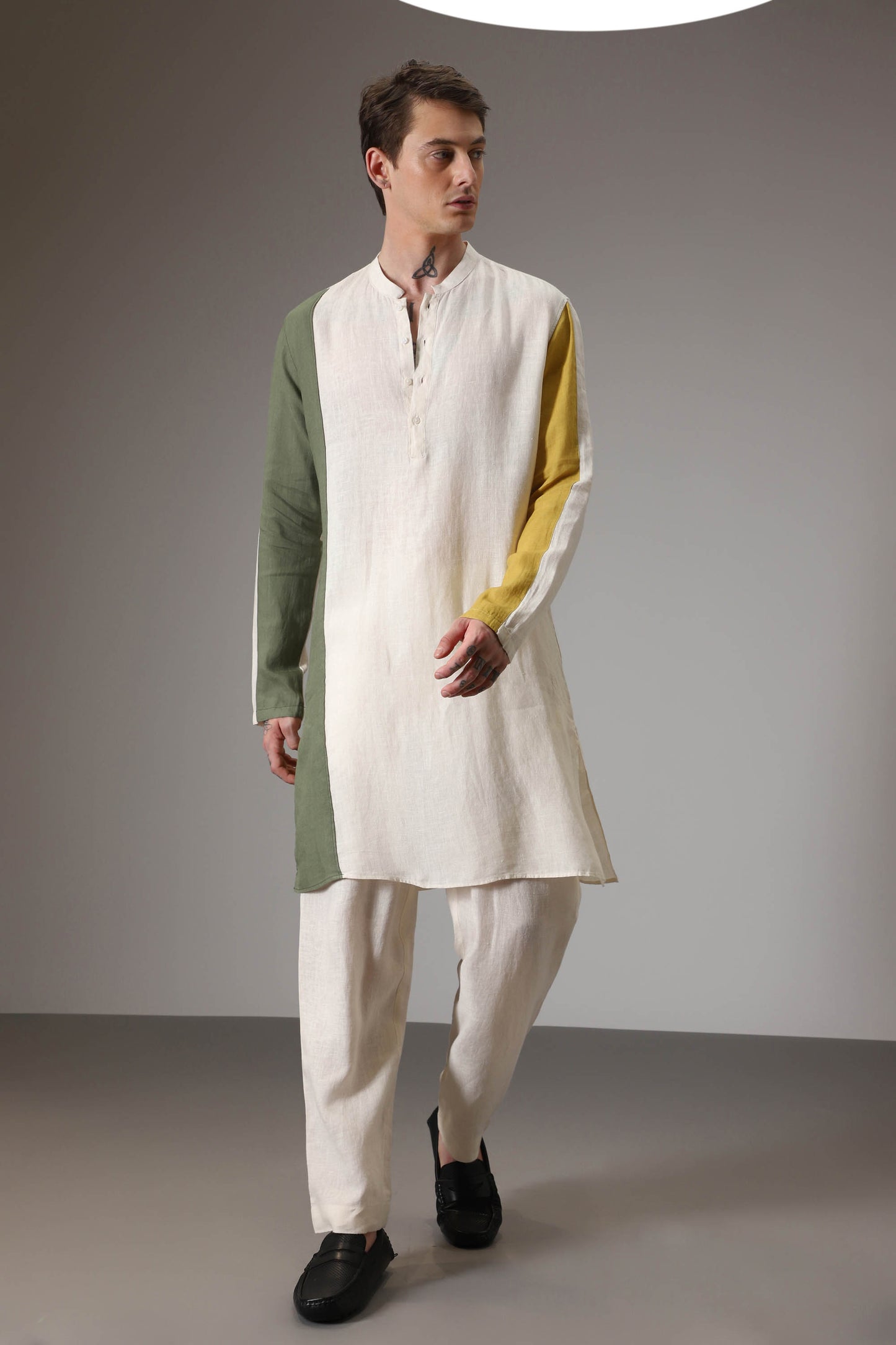 Olive mustard and ivory linen designer kurta set