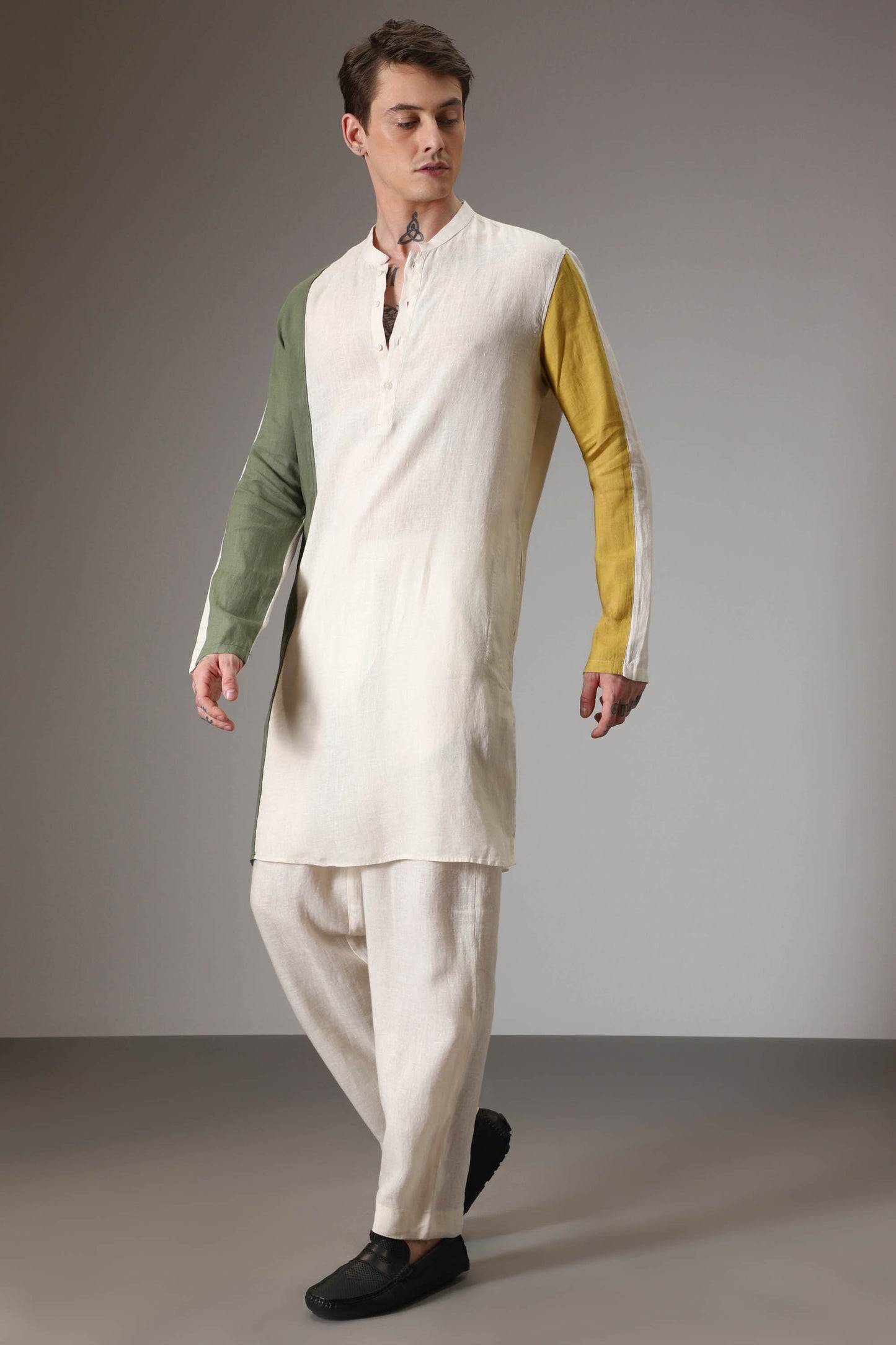 Olive mustard and ivory linen designer kurta set