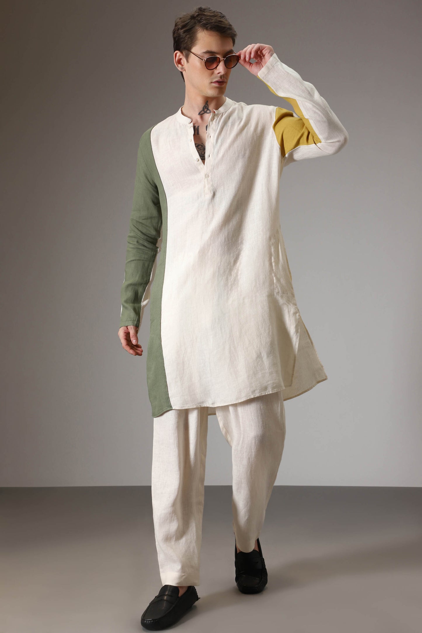 Olive mustard and ivory linen designer kurta set