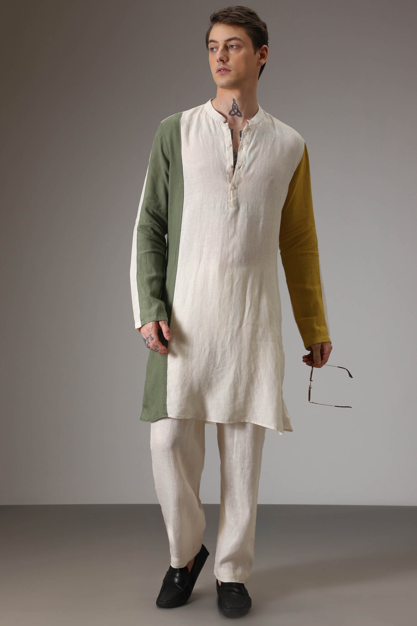 Olive mustard and ivory linen designer kurta set