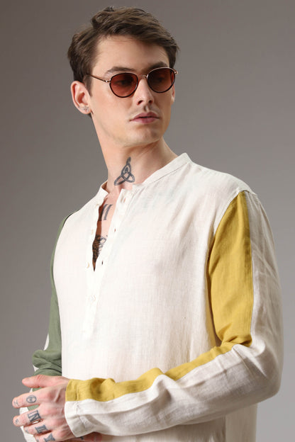 Olive mustard and ivory linen designer kurta set