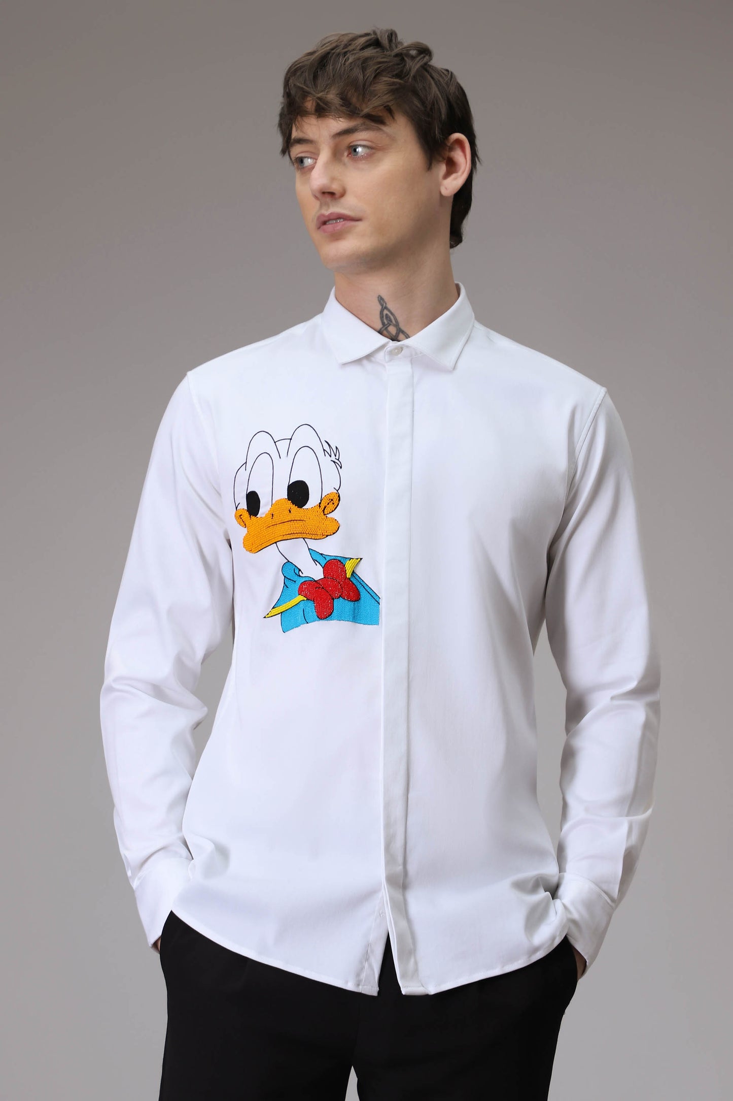 Donald Duck hand embroidered designer shirt - White