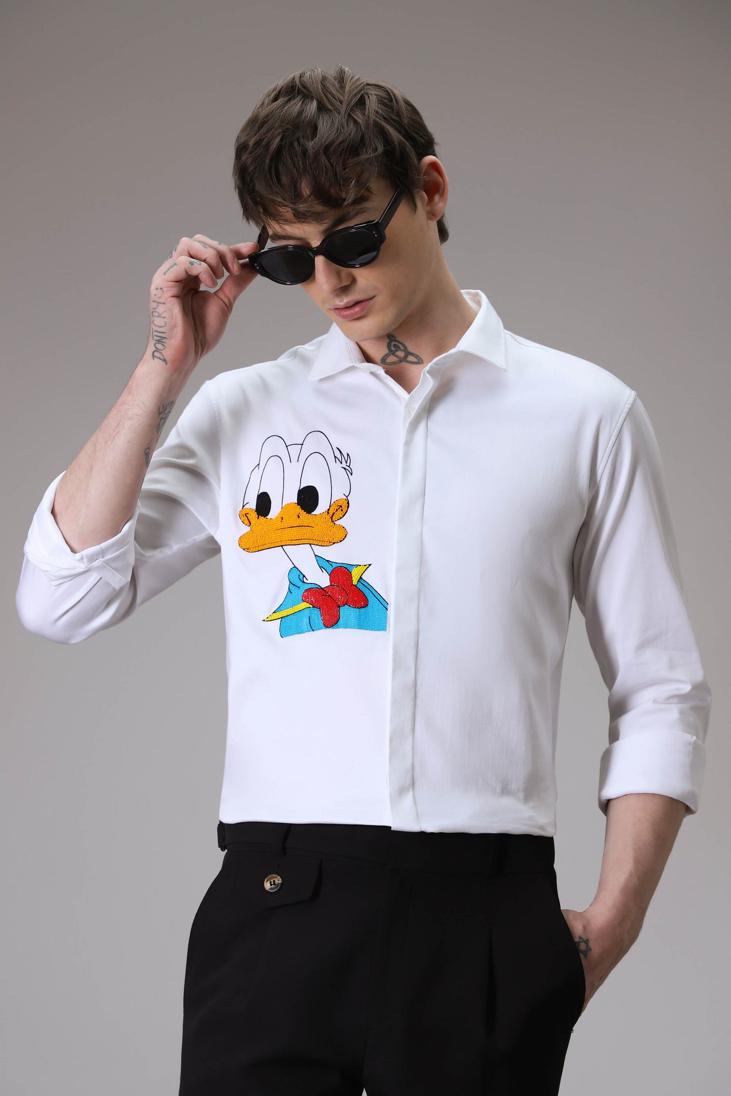 Donald Duck hand embroidered designer shirt - White