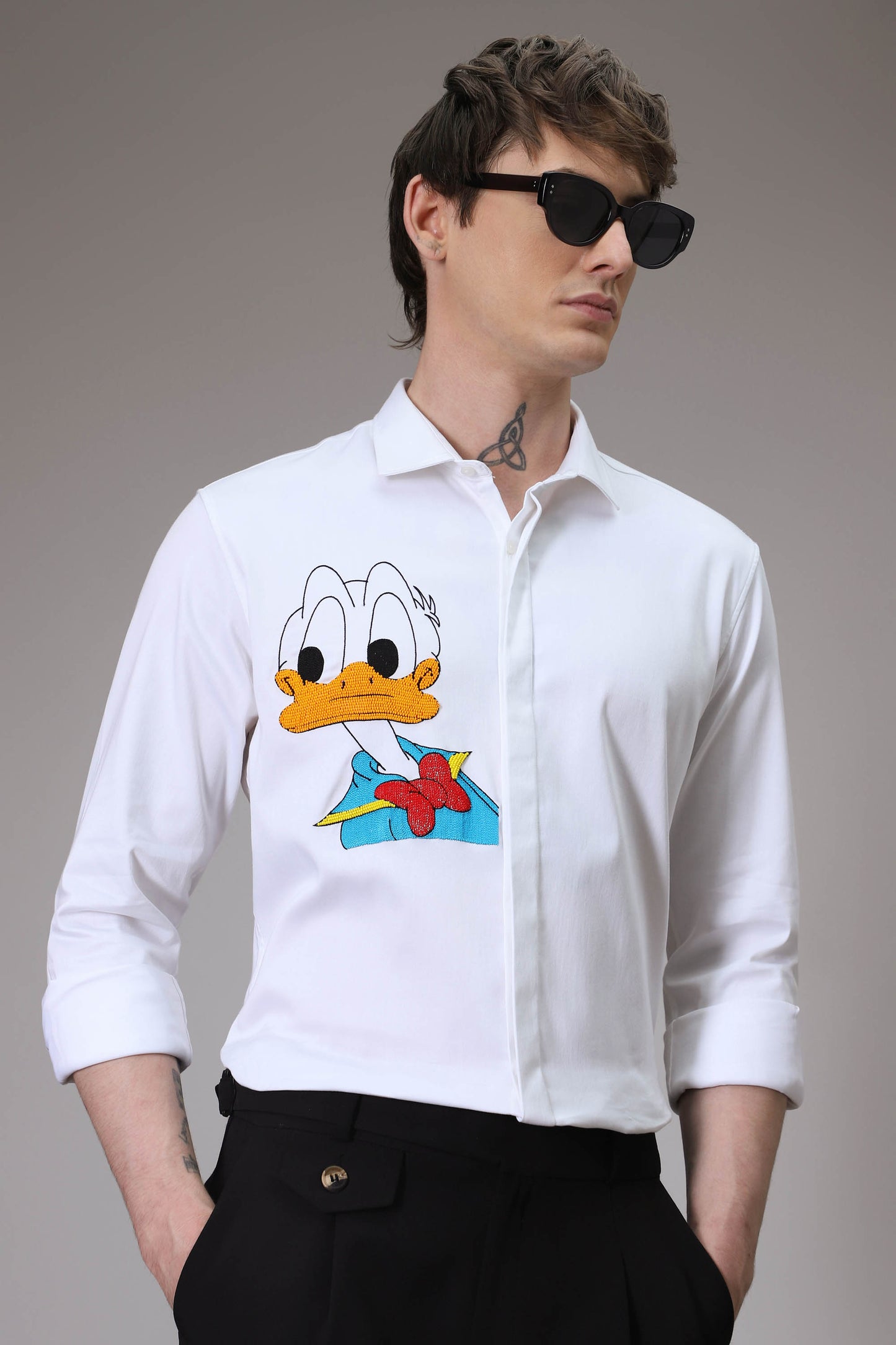 Donald Duck hand embroidered designer shirt - White