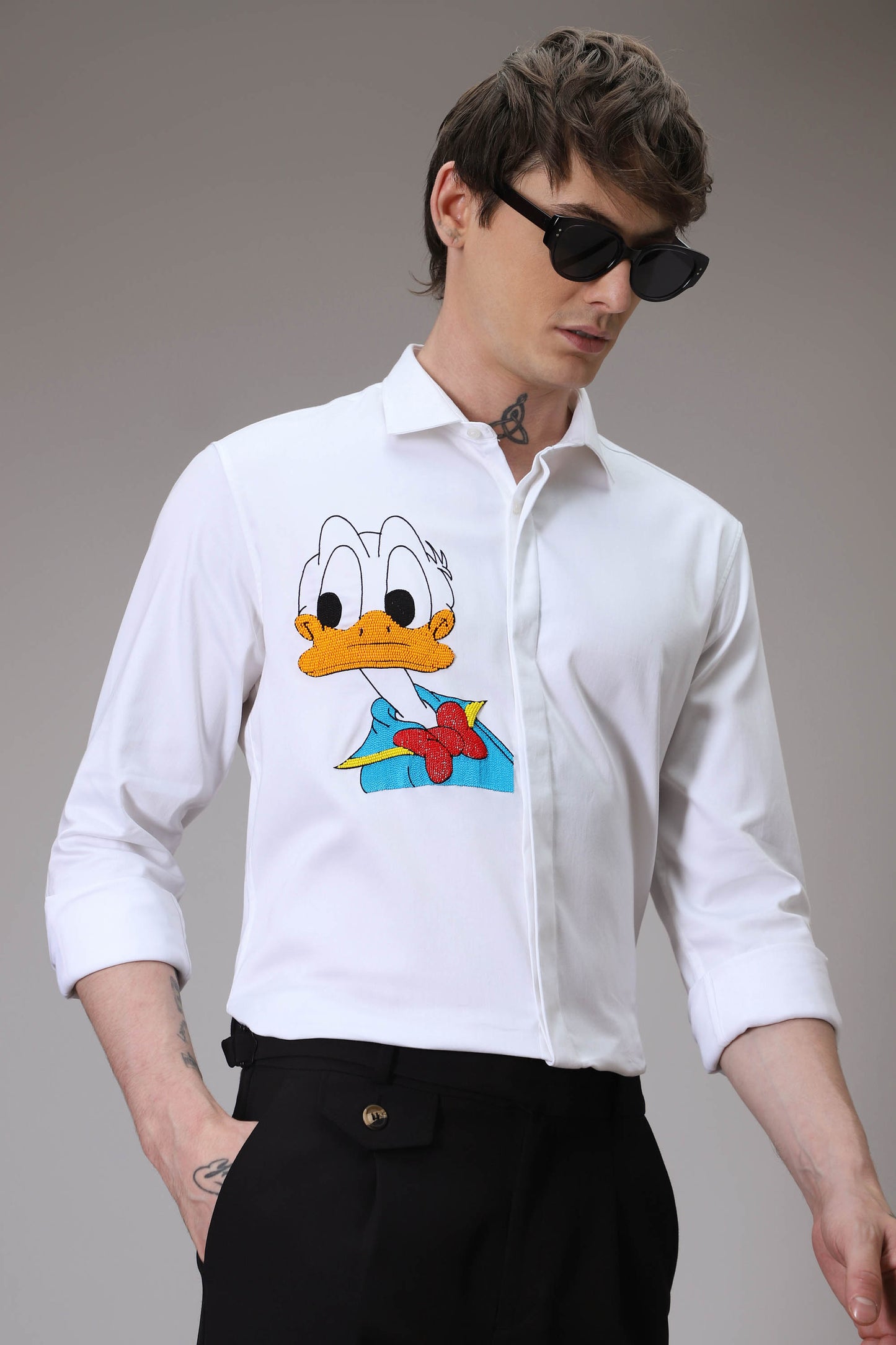 Donald Duck hand embroidered designer shirt - White