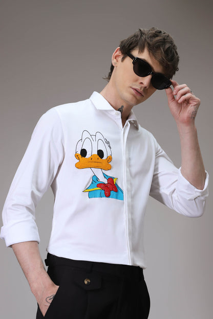 Donald Duck hand embroidered designer shirt - White