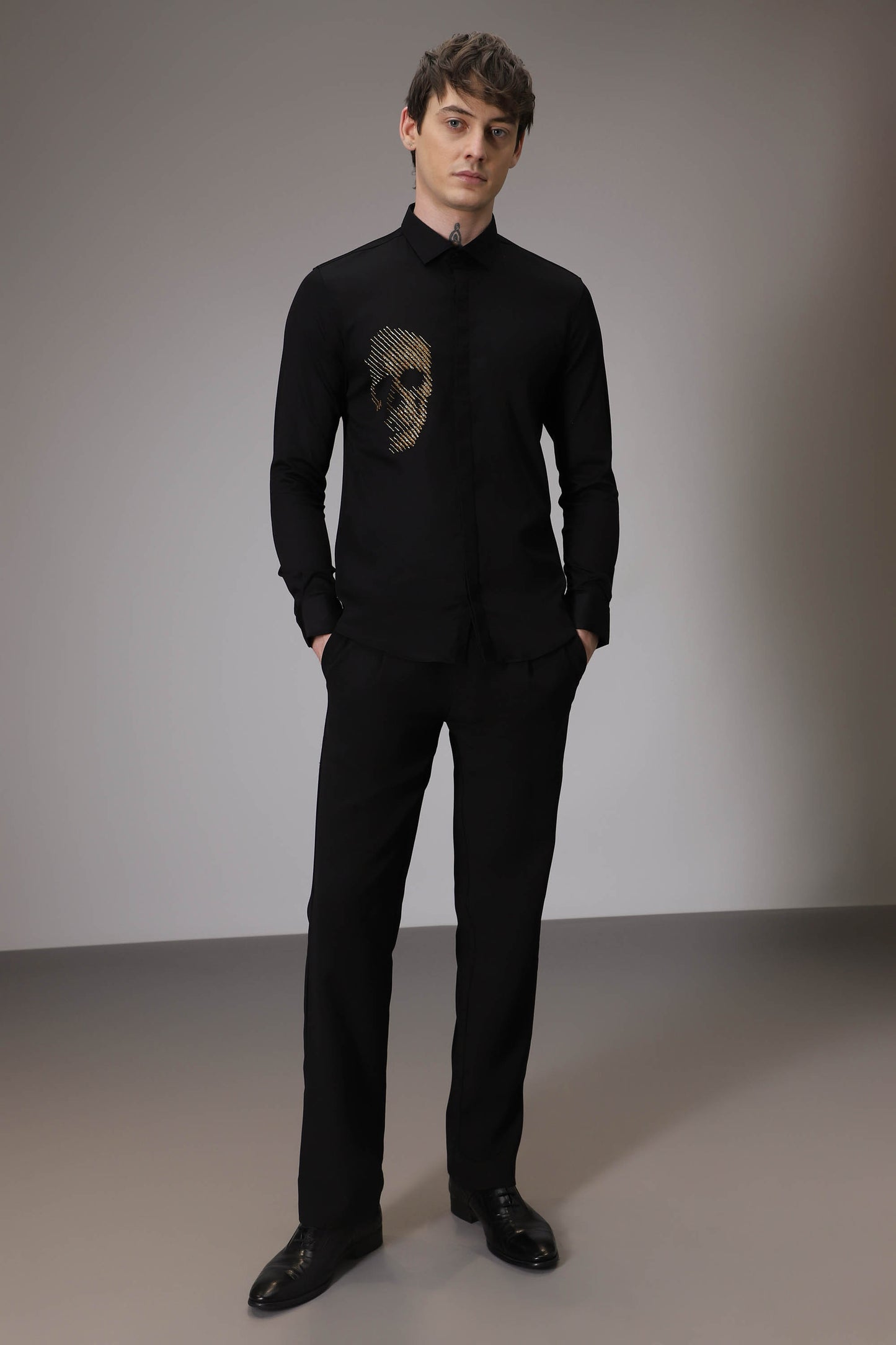 Skull Black  hand embroidered designer shirt - Black