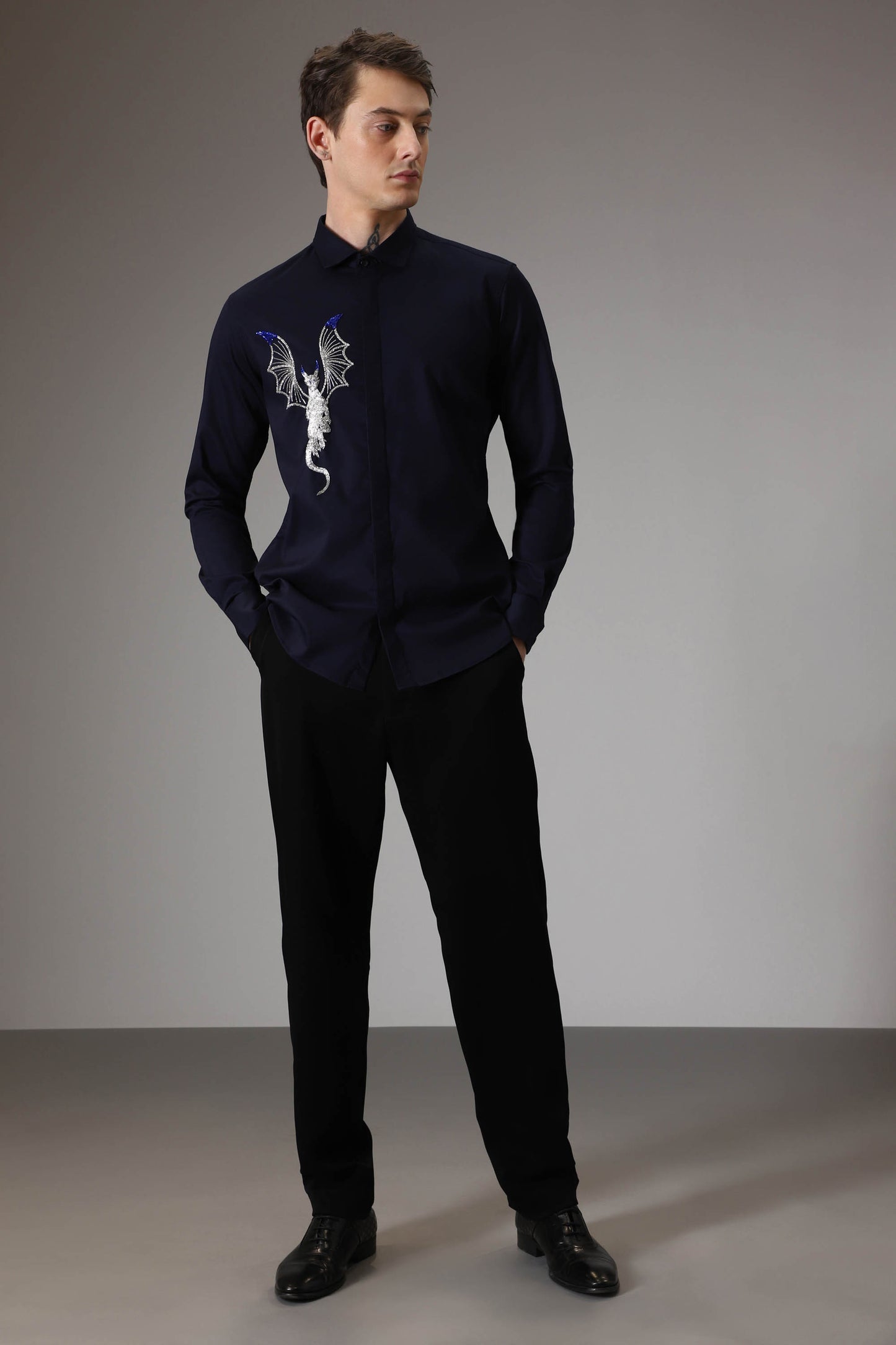 The dragon hand embroidered designer shirt - Navy