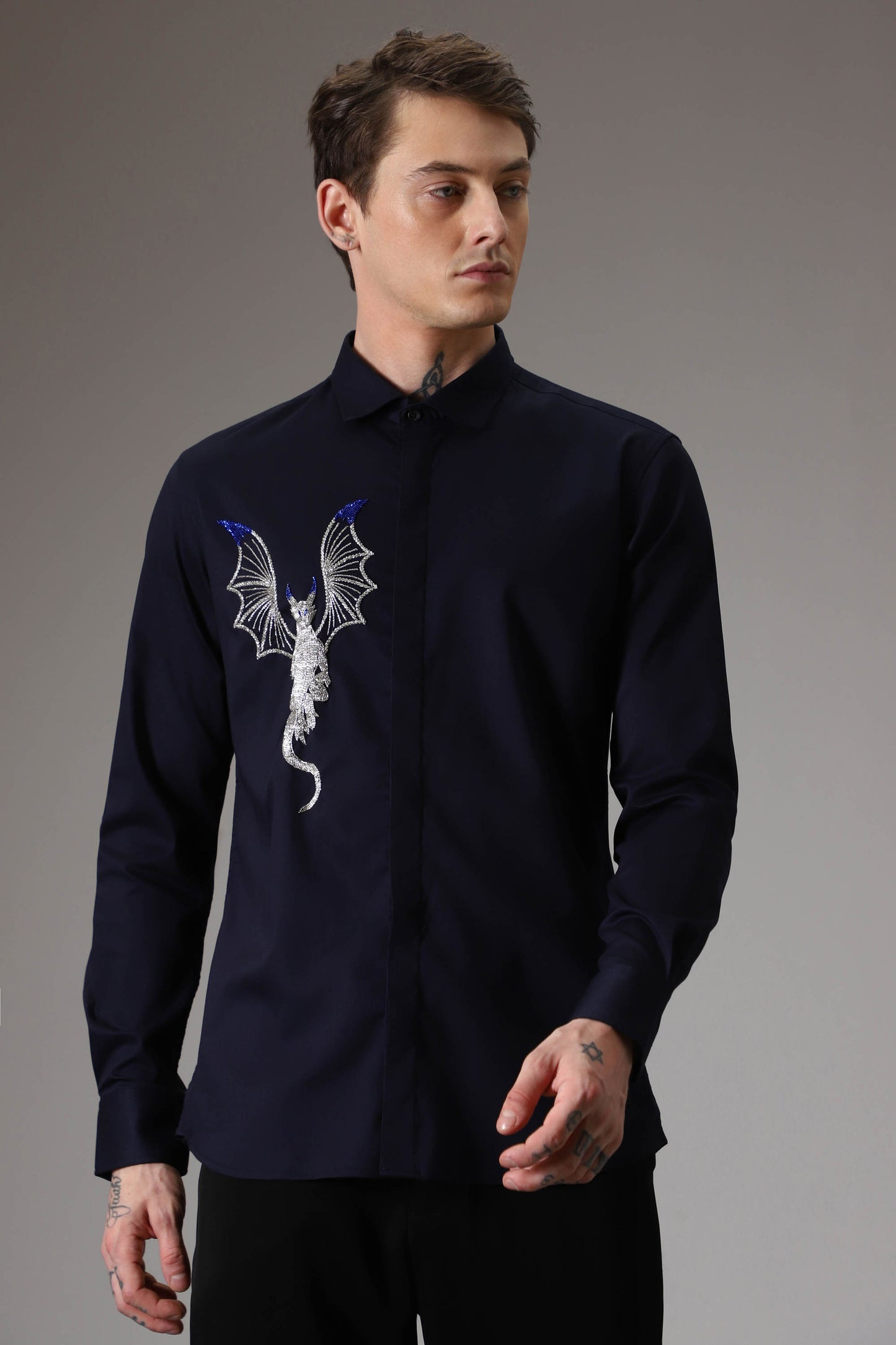 The dragon hand embroidered designer shirt - Navy