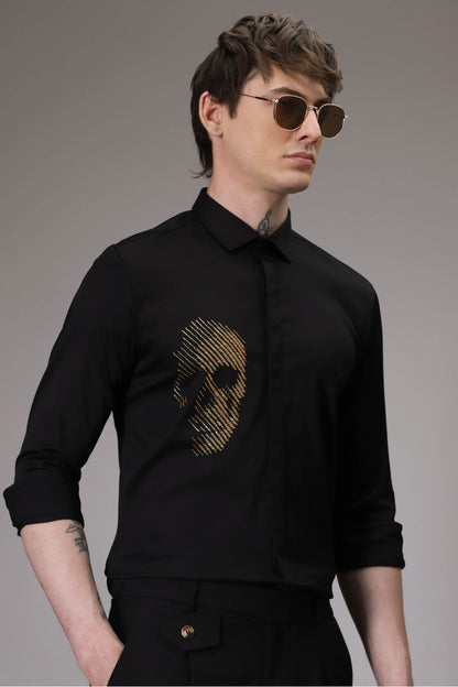 Skull Black  hand embroidered designer shirt - Black