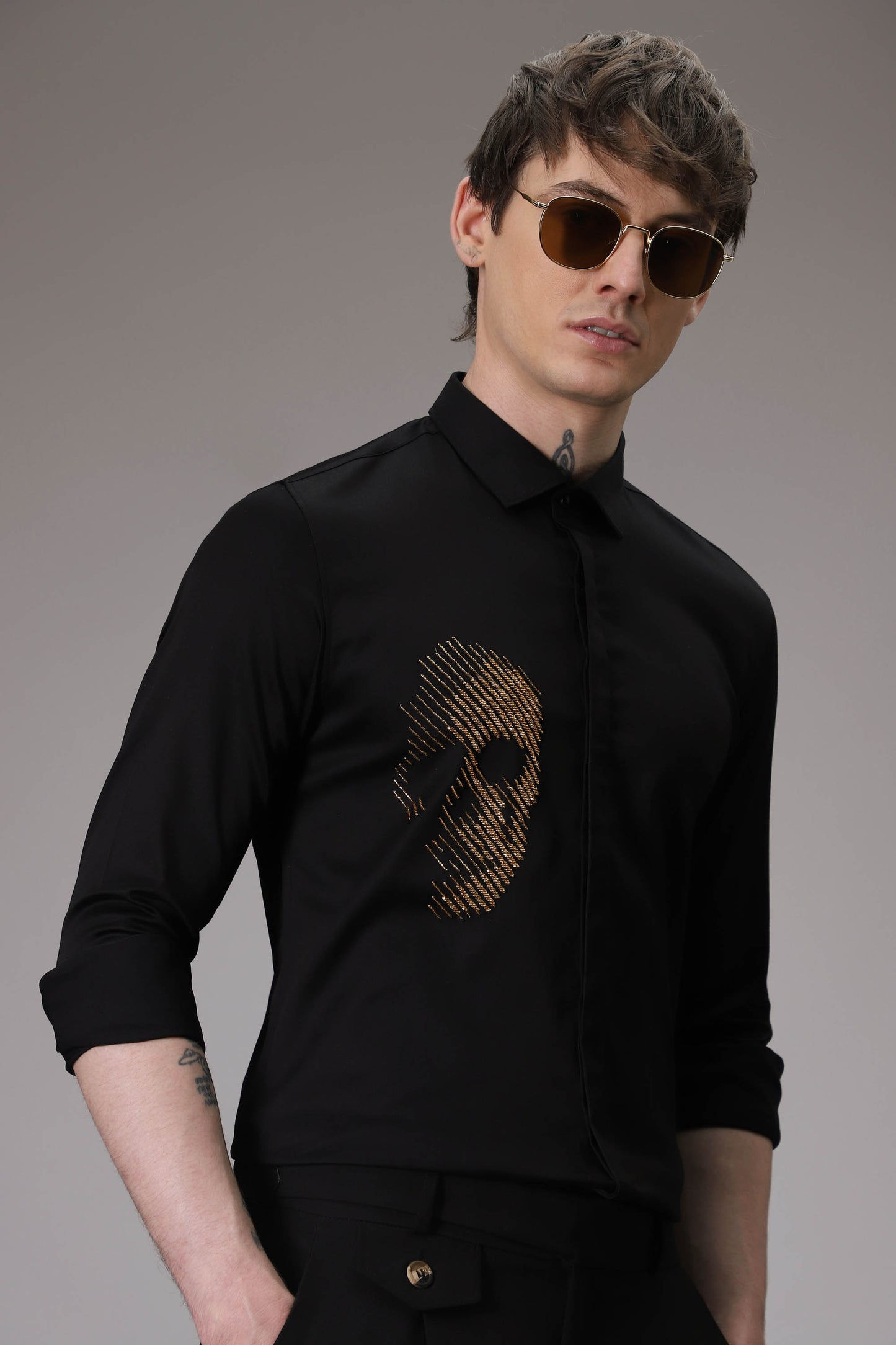 Skull Black  hand embroidered designer shirt - Black